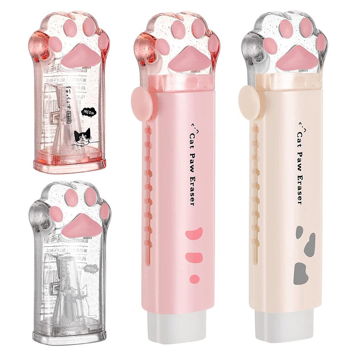 4 Pcs Cat Paw Shaped Retractable Eraser Kawaii Pencil