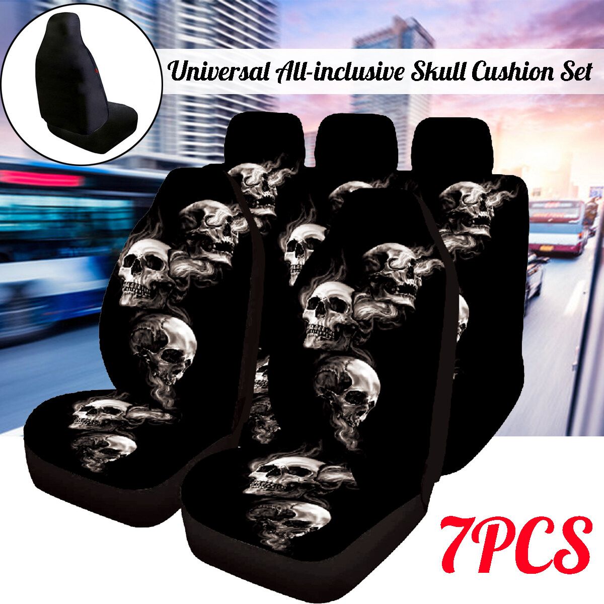 Car Seat Covers Five-Seater Polyester Washable Skull Cushion Set Of 7 Universal