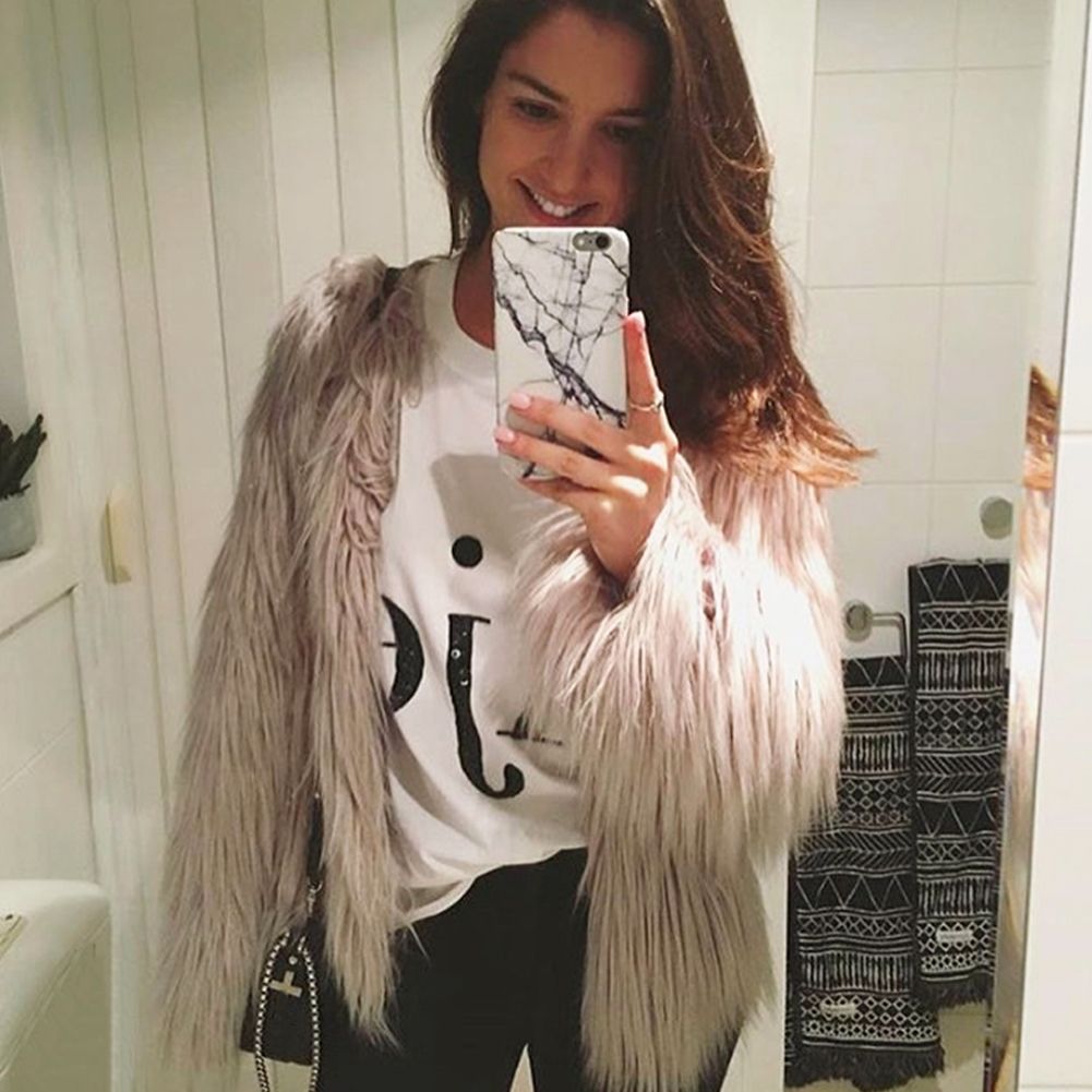 Winter Women Coat Solid Color Long Sleeve Fluffy Outerwear Short Jacket Hairy Warm Overcoat-khaki