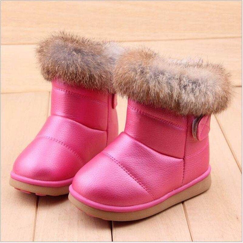 Child Girls Kids Winter Warm Booties Leather Rabbit Fur Shoes Snow Ankle Boots Rose 21