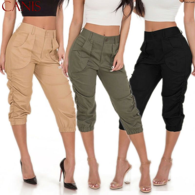 Sport Trousers Women Three Quarter Elasticated Gym Black_S