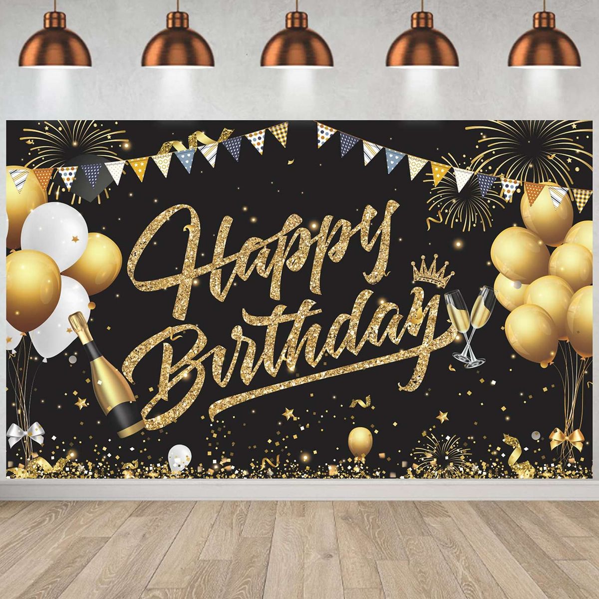 Birthday Backdrop Banner Black Gold Backdrop Sign Happy