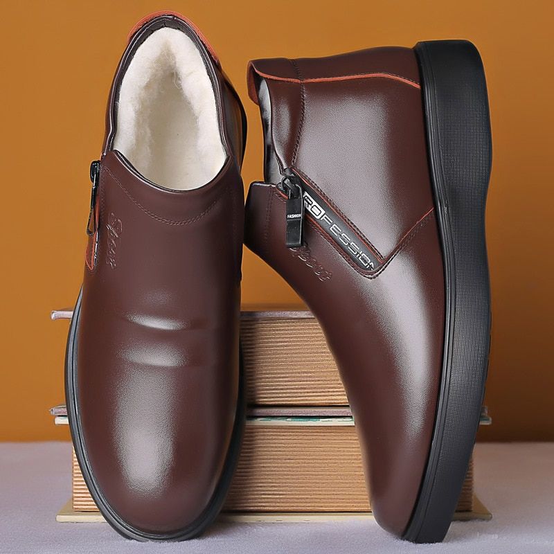 Men Autumn Genuine Leather Boots With Fur Winter Men Fashion Ankle Boots-Auburn