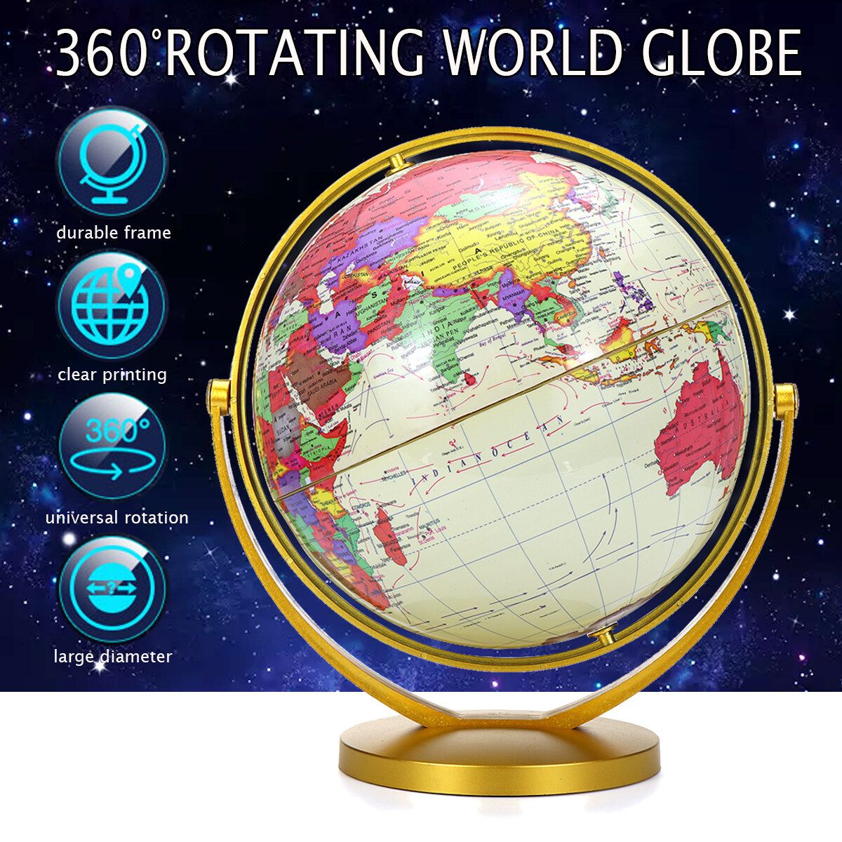360° Rotating World Globe Map Earth Geography World Kids Gift Toy Vintage Style