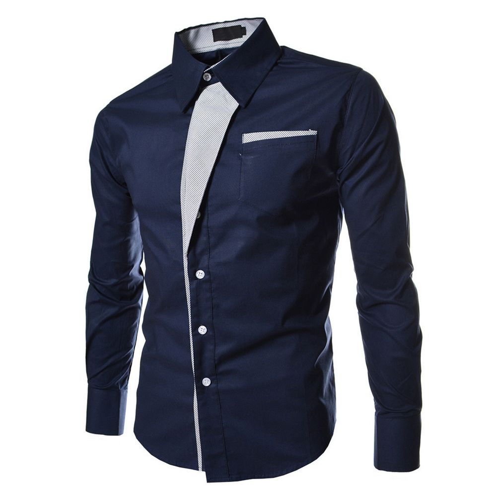 Dark Blue Male Long Sleeve Stripe Blouses Slim Fit Shirts