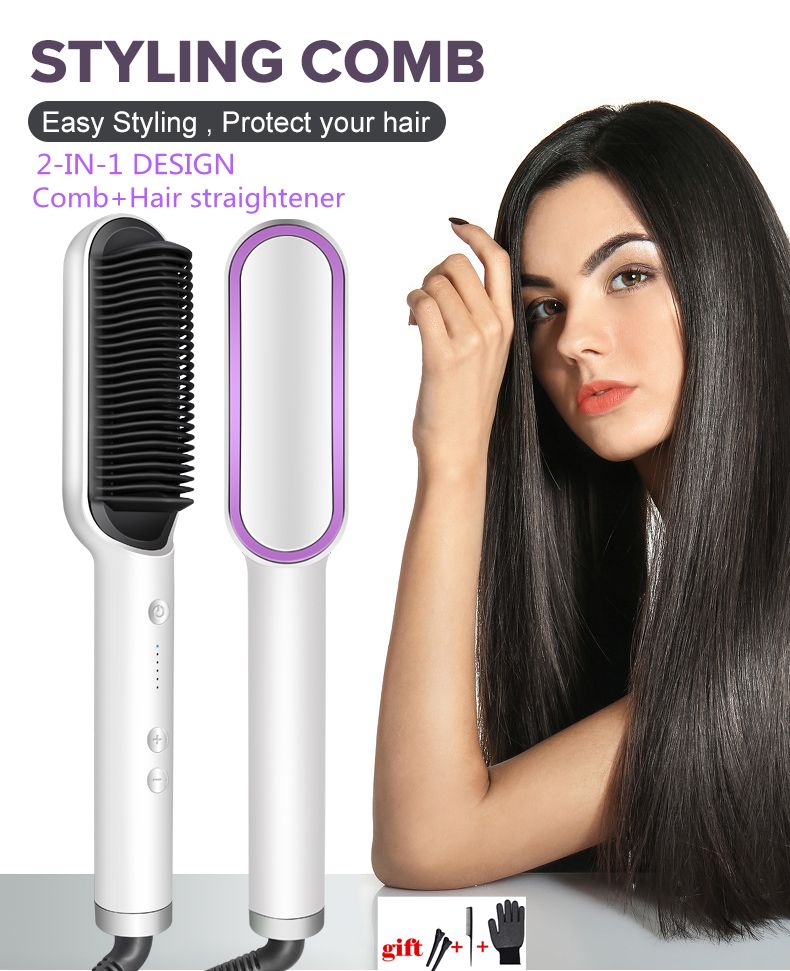 2-in-1 Hot-Air Hair Styling Comb Hair Straightener Hair Brush-641-Pink&White