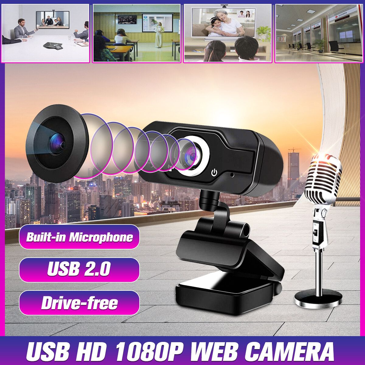 USB 2.0 1080P HD Webcam Camera Built-in Microphone Laptop Desktop PC Computer Web Mic Live Broadcast Online Lessons Conference