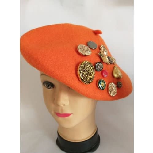 French-style Embellished Orange Multi-button Beret