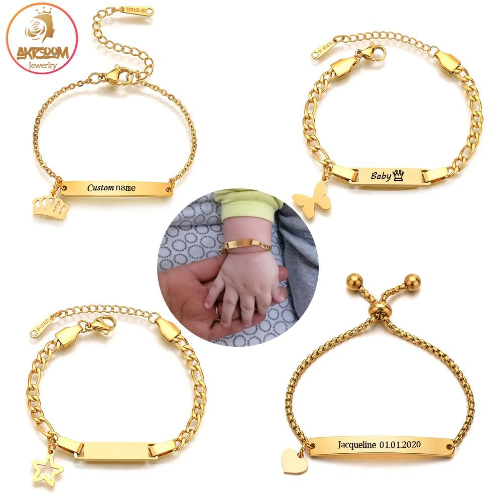 Custom Personalized Name Baby ID Bracelet Stainless Steel Engrave Figaro Chain Link Newborn Crown Bracelet for Children Gifts