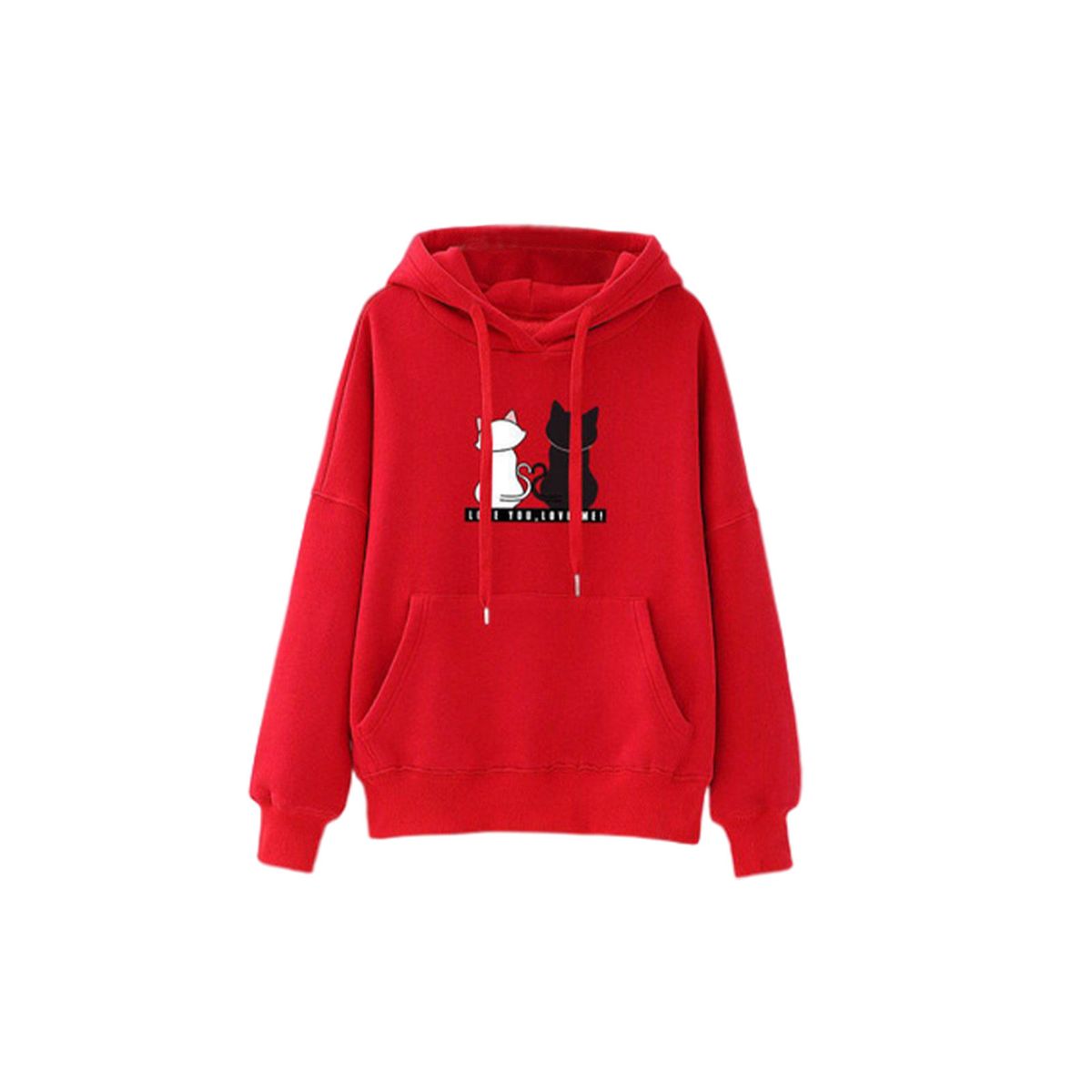 Soft Women Long Sleeve Hoodie Cat Printed Hooded Tops Pullover Red M