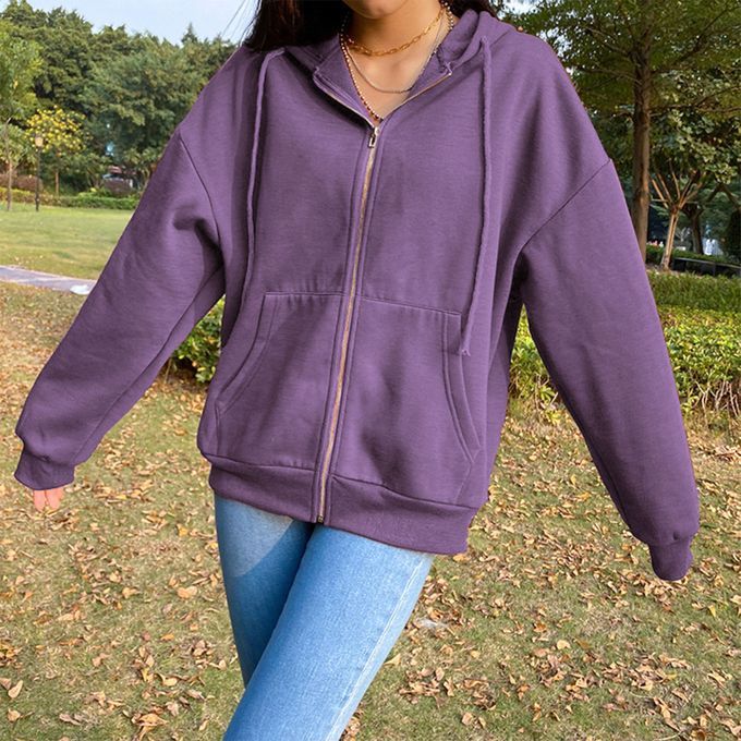 Casual Sweatshirt Zipper Outwear Loose Pocket Collar Sleeve Purple M