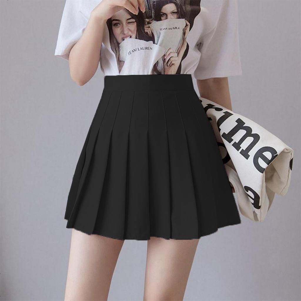 Tennis Pleated Skirt High Waist   Mini Skirts School Uniforms Black L