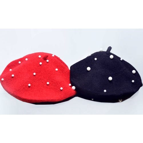 Black And Red Beret With Pearls