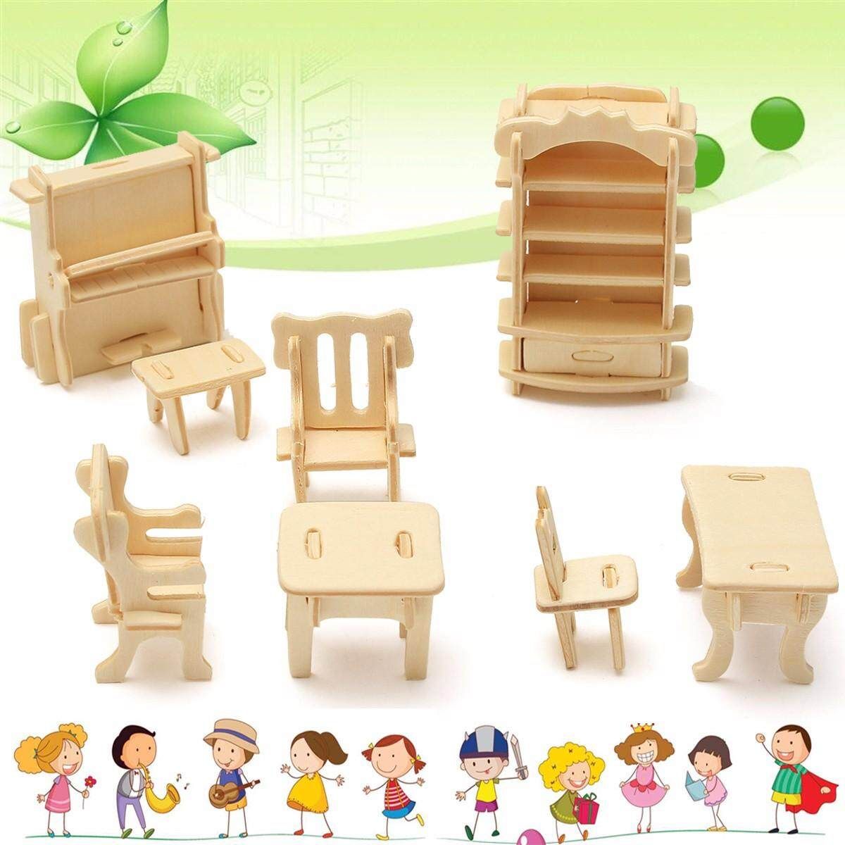 34Pcs 3D DIY Wooden Miniature Dollhouse Furniture Model Children Kids Play Toys