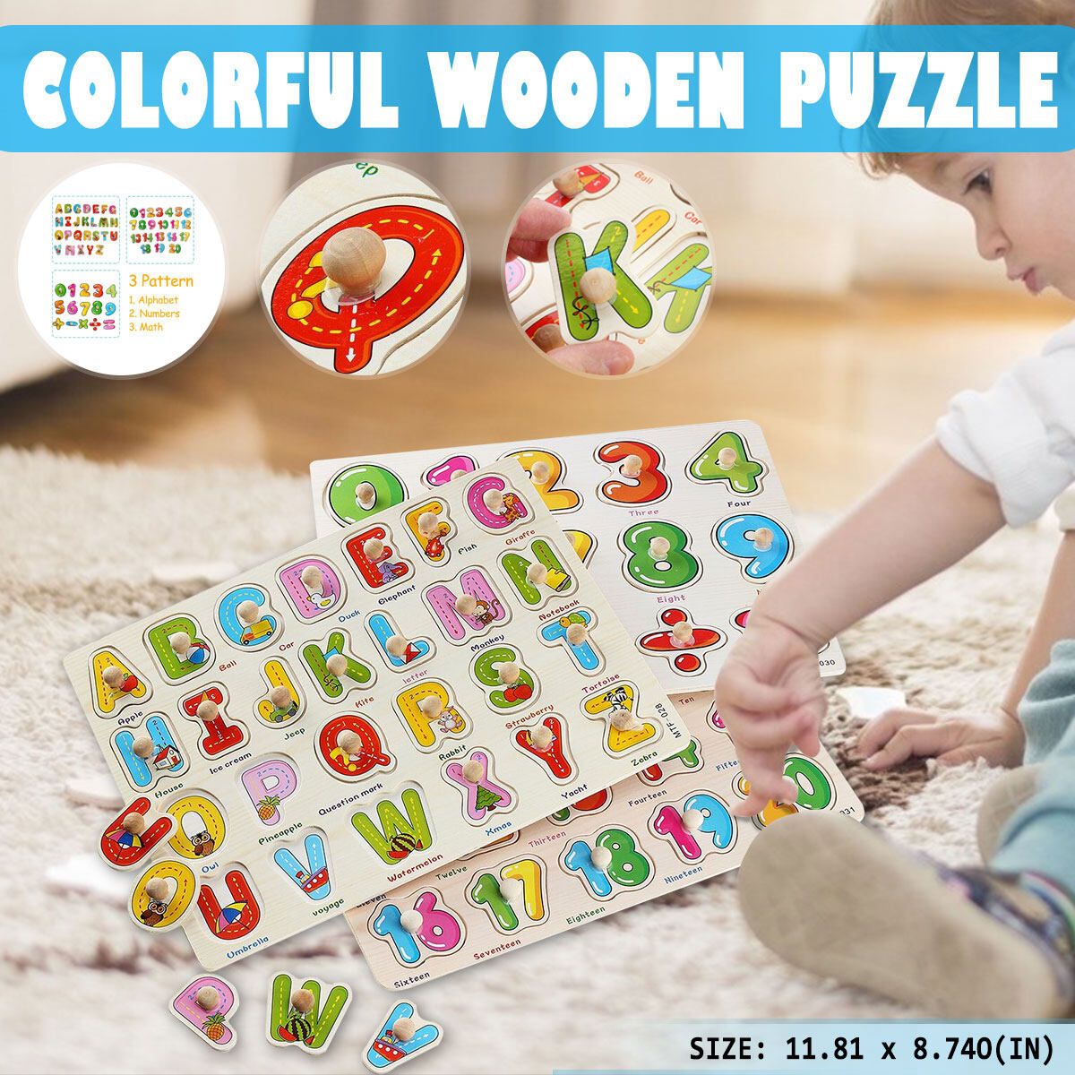 (30 X 22.2cm-Alphabet/Number/Math) Wooden Pegged Puzzle Set Inset Jigsaw Puzzle Learning Board Preschool Early Educational Development Toy Fun Game Gift For Kid Baby Toddler Numbers