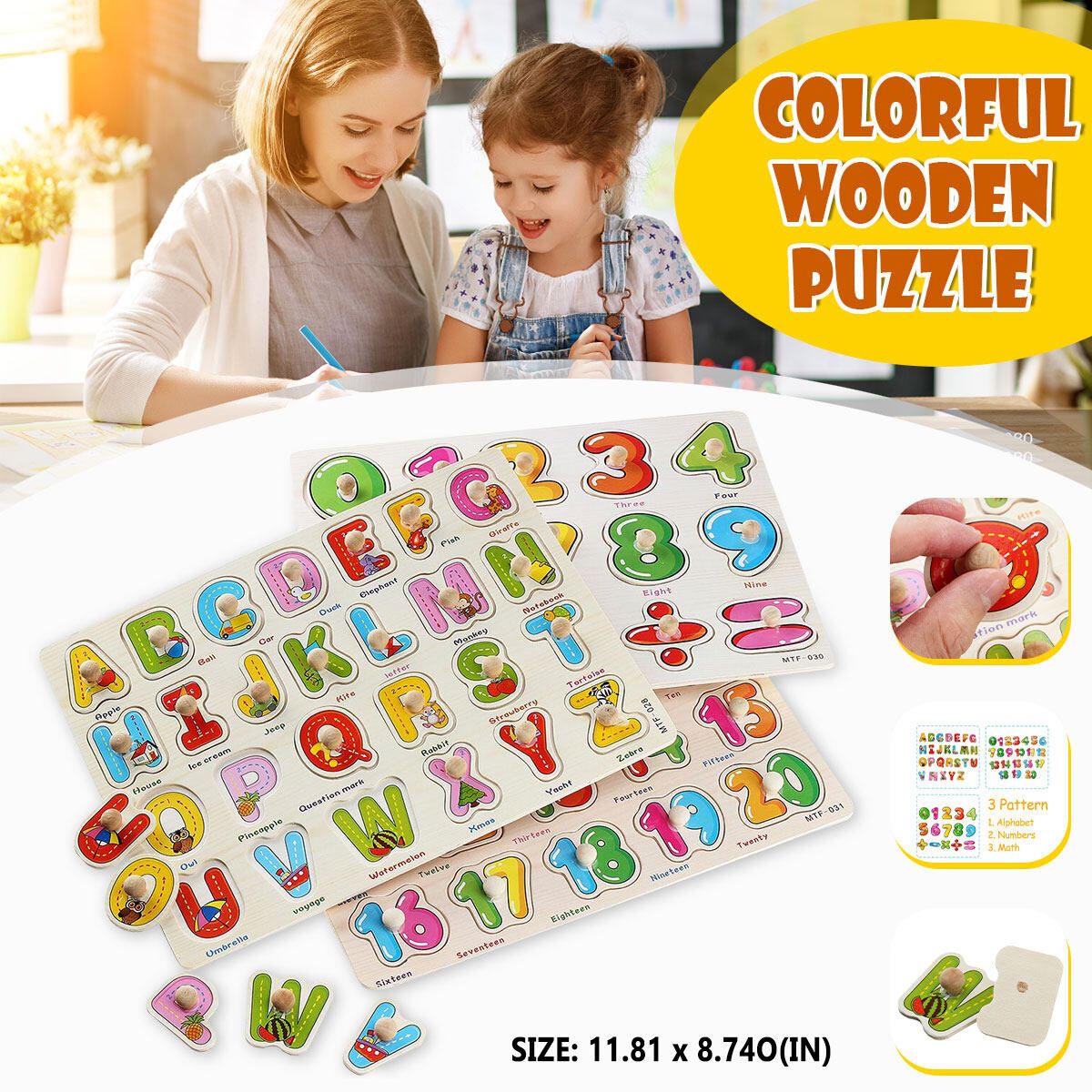 (30 X 22.2cm-Alphabet/Number/Math) Wooden Pegged Puzzle Set Inset Jigsaw Puzzle Learning Board Preschool Early Educational Development Toy Fun Game Gift For Kid Baby Toddler Alphabets