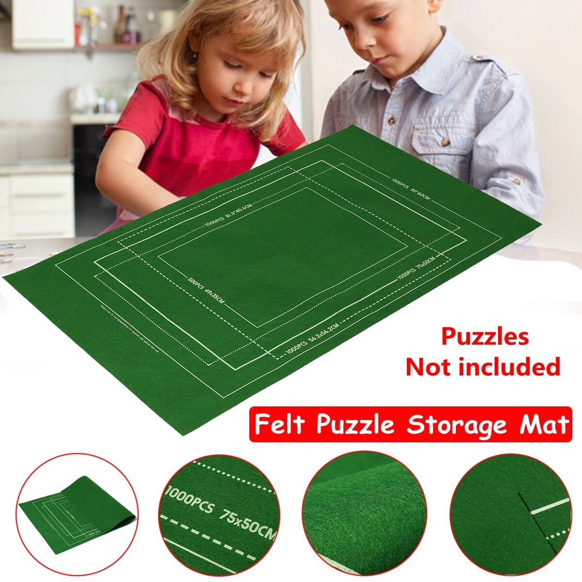 1500 Pieces Of Storage Blanket Felt Puzzle Storage Mat Felt Puzzle Blanket 66X116 -Black/Green/Gray Green