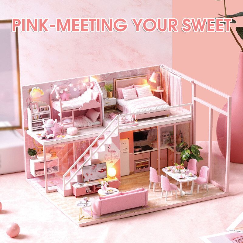 LED Light Wooden 3D DIY Dollhouse Miniature Furniture Doll House Gift Toys For Children Girls Pink