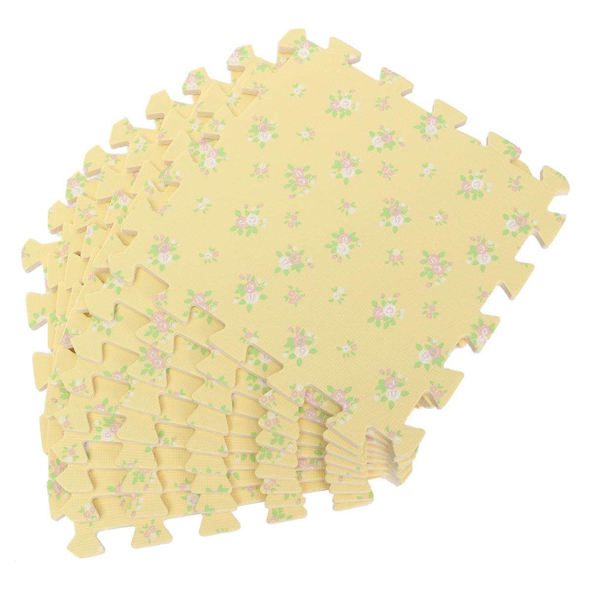 9PCS Wood Interlock EVA Foam Floor Puzzle Pad Work Gym Mat Kid Safety Play Rug Beige Flowers