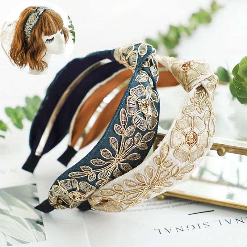 Vintage Satin Embroidery Fabric Knotted Headband Geometric Flowers Leaves Embroidery Headband