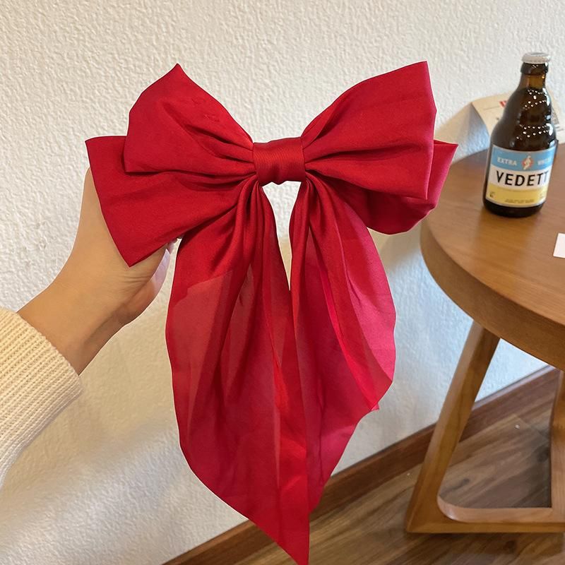 French retro hair clip oversized bow headdress temperament satin spring clip sweet hair ring hair accessories wholesale head rope 8642O large streamer bow-red spring clip
