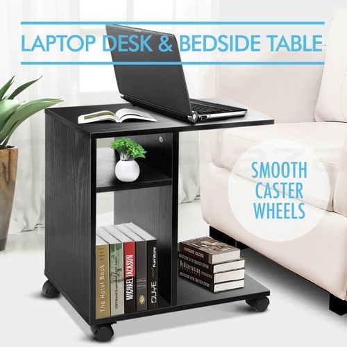 PORTABLE  Black Laptop Table - Mobile Side Table With Wheels
