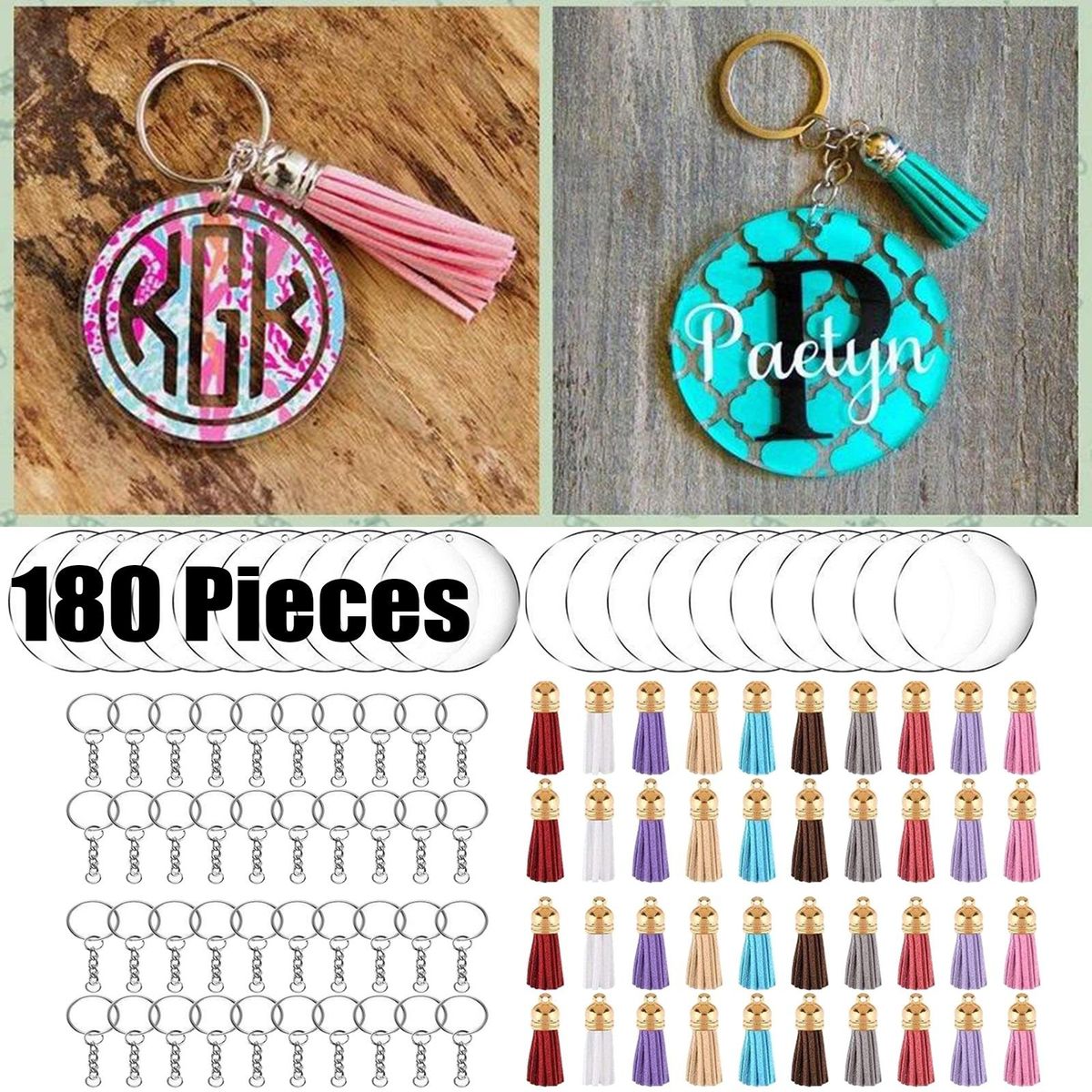180Pcs Clear Acrylic Circle Discs Keychain  Tassel DIY