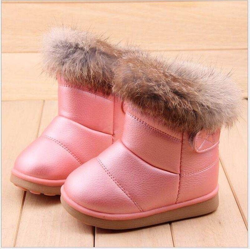 Child Girls Kids Winter Warm Booties Leather Rabbit Fur Shoes Snow Ankle Boots Pink 24