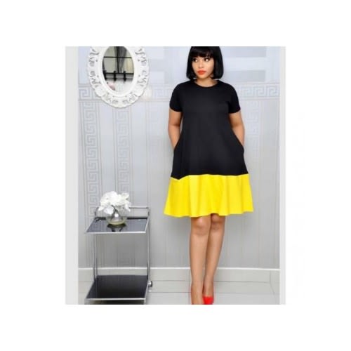 Two Tone Midi Skater Dress -black And Yellow