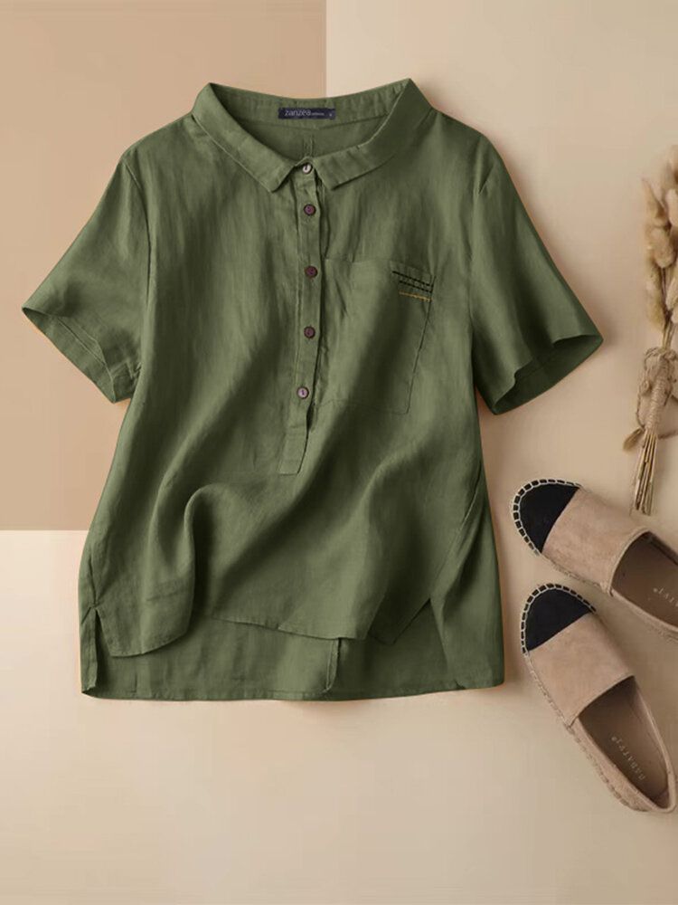 Cotton Solid Button Pocket Embroidered Lapel Casual Blouse-White