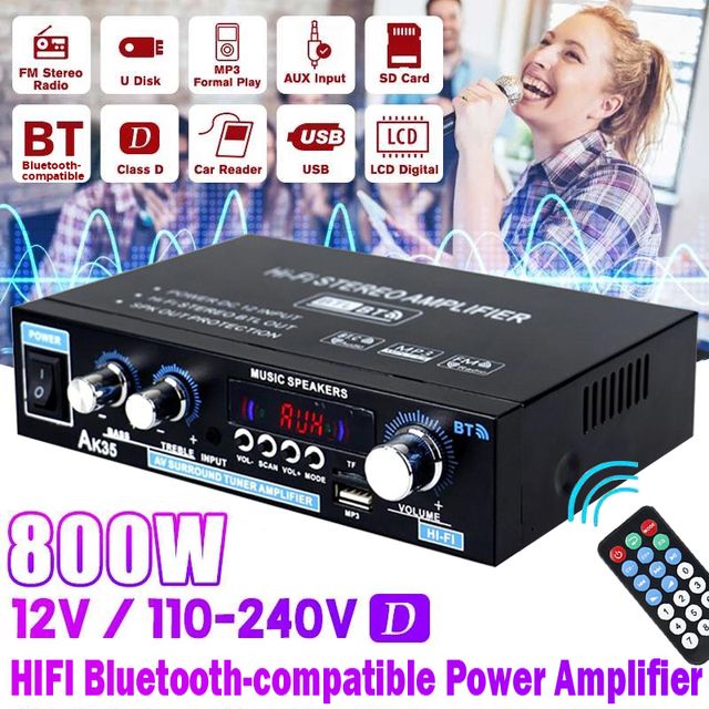 AK35 800W Home Power Amplifiers 2 Channel Bluetooth 5.0 Surround Sound FM USB Remote Control Mini HIFI Digital Amplifier Stereo-AK35 Bluetooth EU