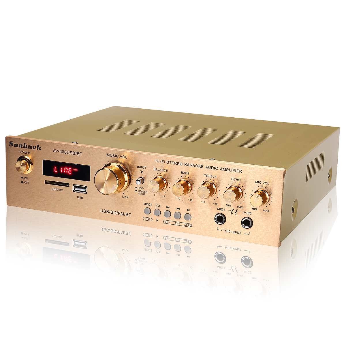 Bluetooth HiFi Amplifiers 220V 5CH Power Audio Amplifier Home Amp Stereo AV Surround Digital Amplifier FM Karaoke Cinema-Gold