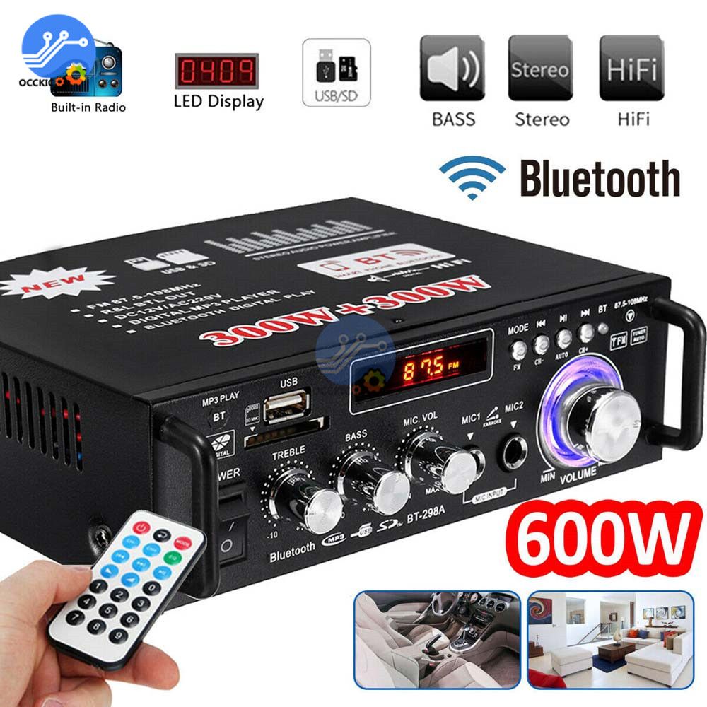 600W Bluetooth Amplifier 300W+300W 2CH HIFI Audio Stereo Power AMP USB FM Radio Car Home Theater With Remote Control- 220V