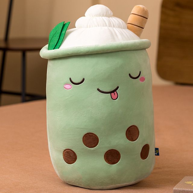 Cute Boba Milk Tea Plushie Toy Soft Stuffed Apple Pink Strawberry Taste Milk Tea Hug Pillow Balls Bubo Tea Cup Cushion(#green Cartoon)