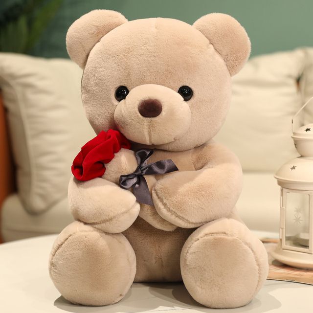 Kawaii Teddy Bear With Roses Plush Toy Soft Bear Stuffed Doll Romantic Gift For Lover Home Decor Valentine's Day Gifts For Girls(#Auburn)