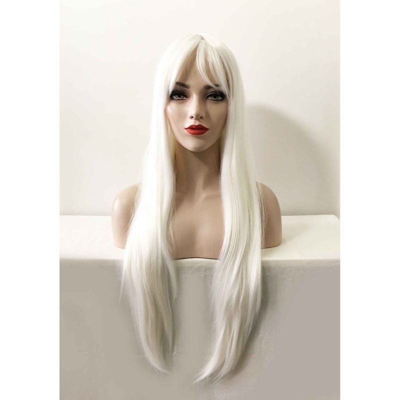 Women Creamy White Long Straight Fringe Bangs Smooth Hair Wig