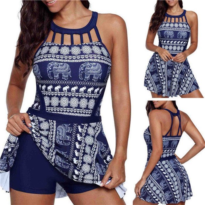 2019 New Plus Size Two Piece Women Swimwear High Waist Trunks Elephant Print Halter Swimsuit Swimming Bathing Suit S-5XL HLS