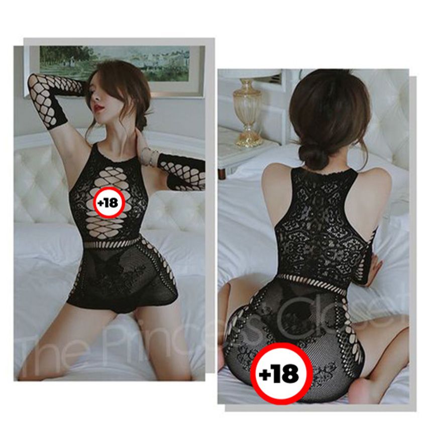 N16 Sexy Lace Hollow Lingerie Nightwear & Nightdress-Black