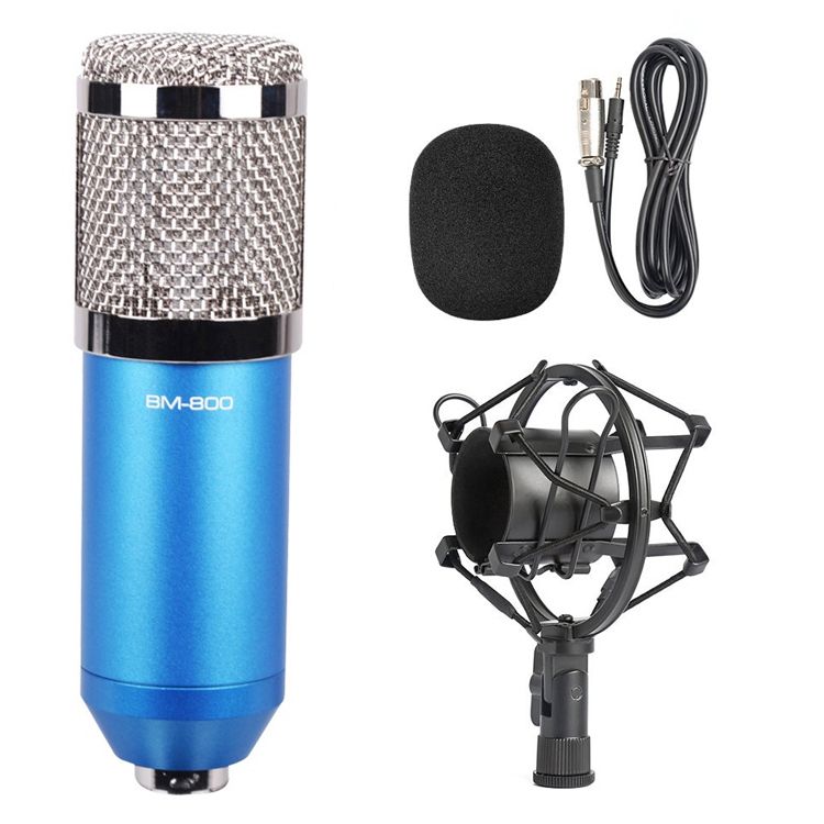 BM-800 3.5mm Studio Recording Wired Condenser Sound Microphone With Shock Mount, Compatible With PC / For Live Broadcast Show, KTV, Etc.(Blue)