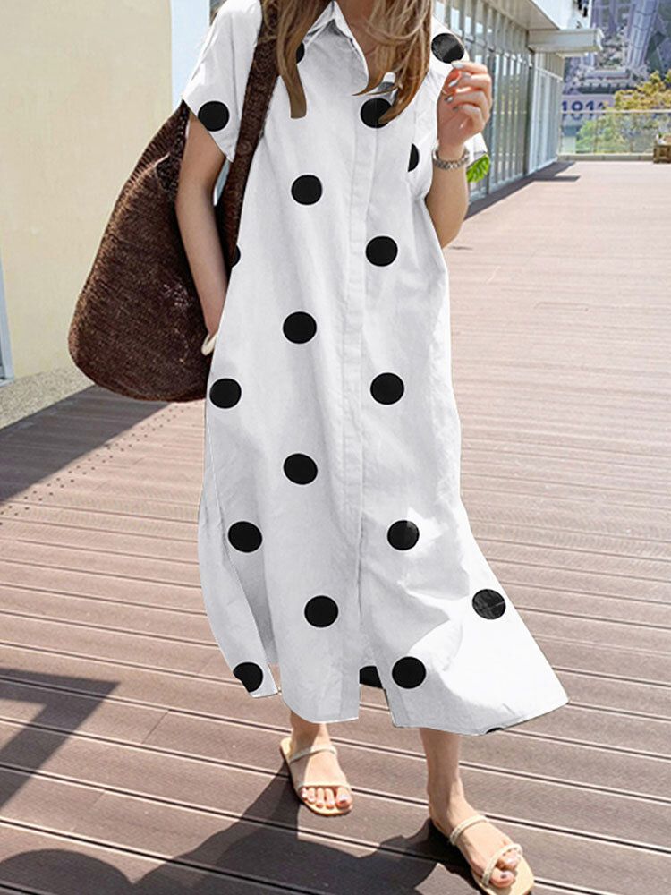 Cottagecore Polka Dot Pocket Lapel Short Sleeve Shirt Dress-White