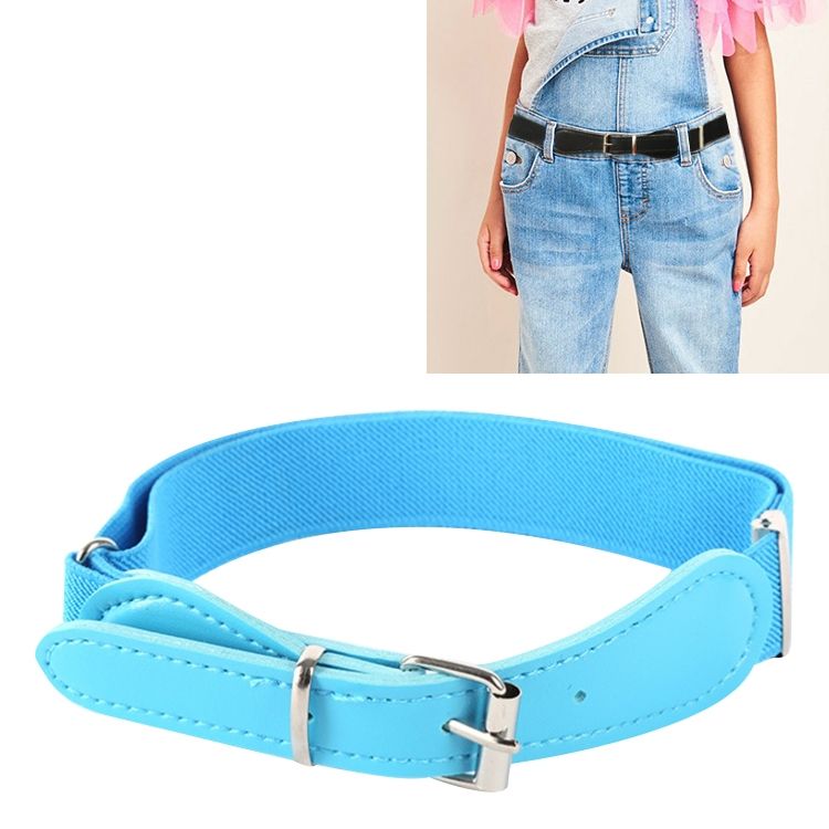 2 PCS Kids Polyester + PU Leather Square Pin Buckle Adjustable Elastic Belt, Length:65cm(Sky Blue)