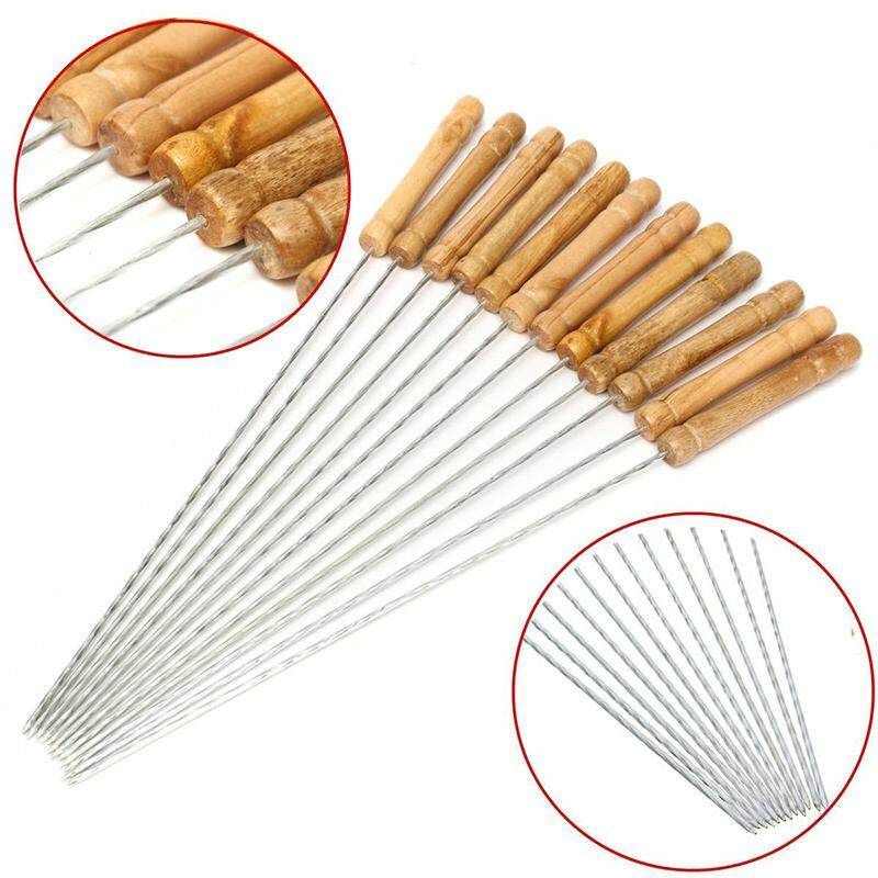 12 Pieces 38cm Barbecue Skewers Wooden Handle BBQ Meat Roast Fork Kebab Stick Barbecue Tools