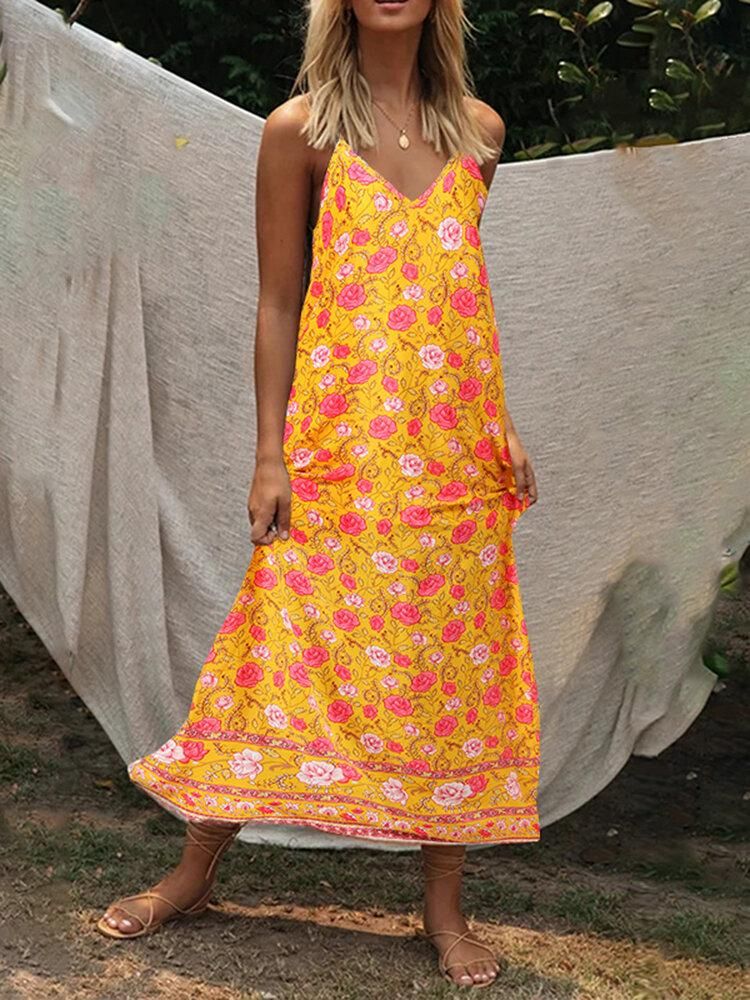 Flower Print Patchwork Backless Sleeveless Maxi Dress