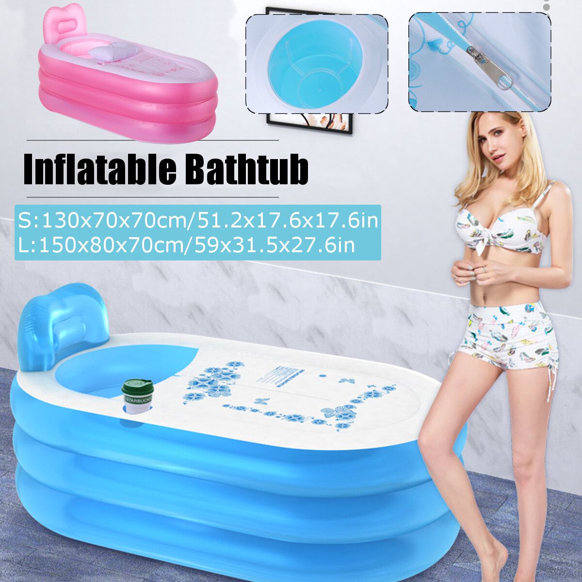 59'' Inflatable Folding PVC Blow Up Bathtub Adult Home Spa Tub Swimming Portable 150cm Blue