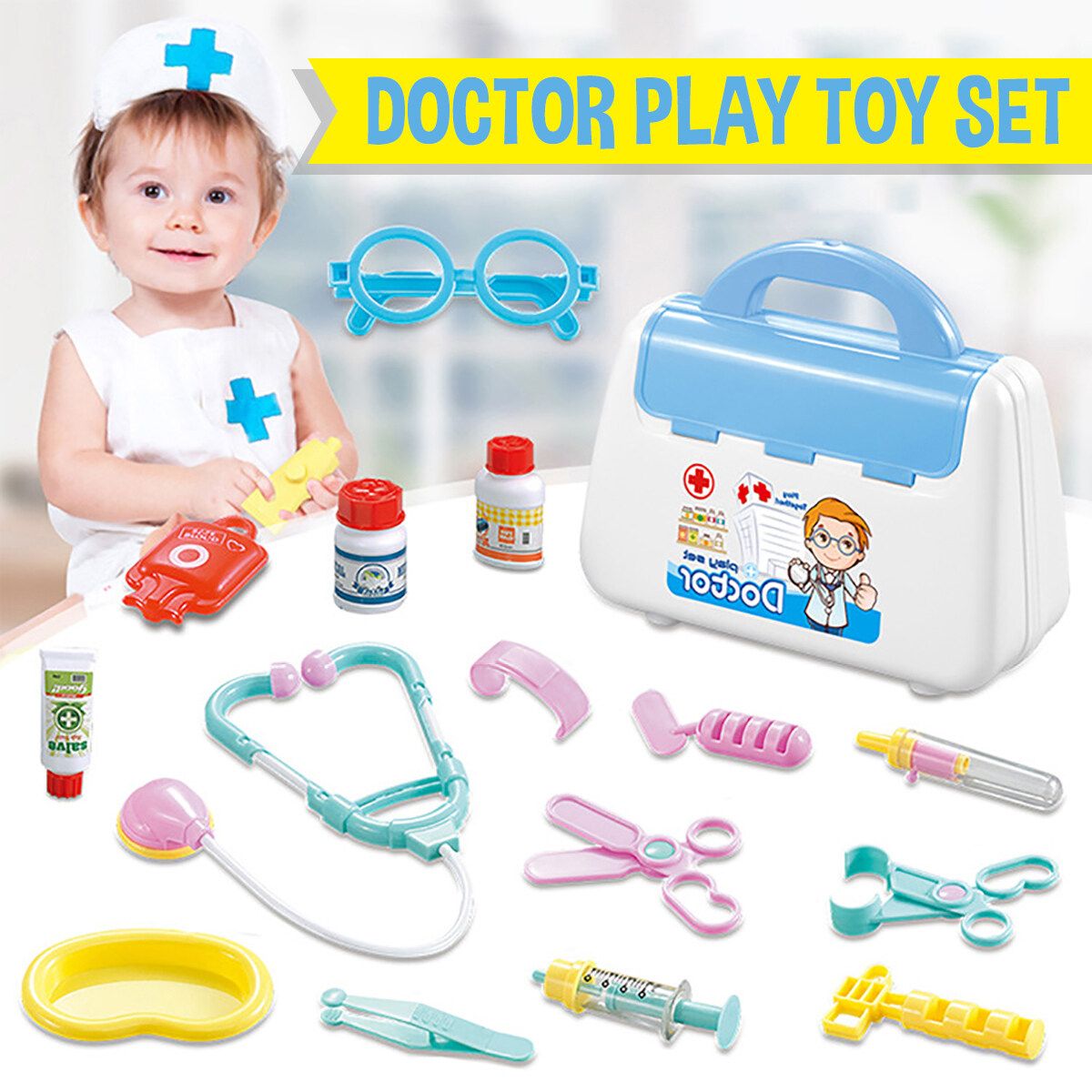 Kids Pretending Doctor's Playing Set Case Education Kit Boys Girls Toy Blue