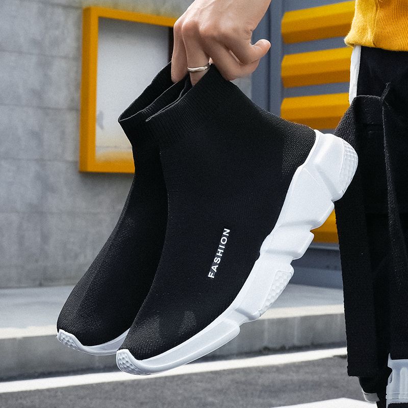 (Black White)New Trend Men Running Shoes High Top Couple Socks Sneakers Outdoor Women Slip On Sport