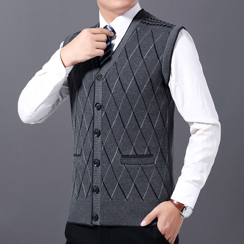 Fashion Brand Sweaters Men Pullovers Vest Sleeveless Slim Fit Jumpers-Gray