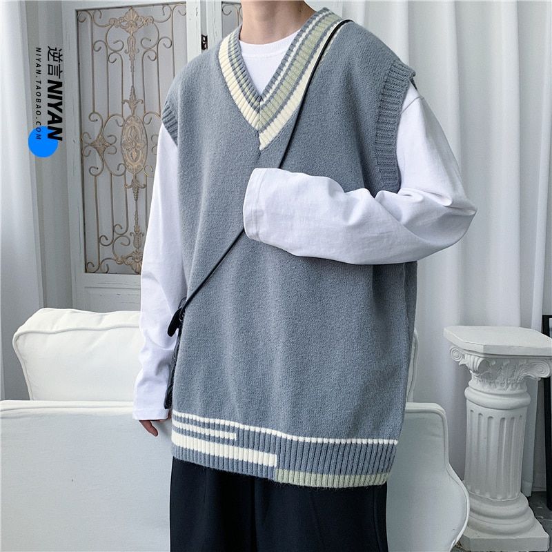 Sweater Vest Men Personality Sleeveless V-neck Striped Patchwork Tricot Top