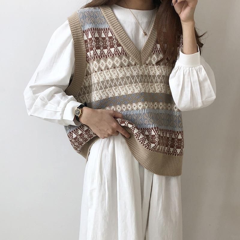 2021 Sen Sweater Women's V-Neck Overlay Tank Top Autumn Korean Pullover Sleeveless Outwear Academy
