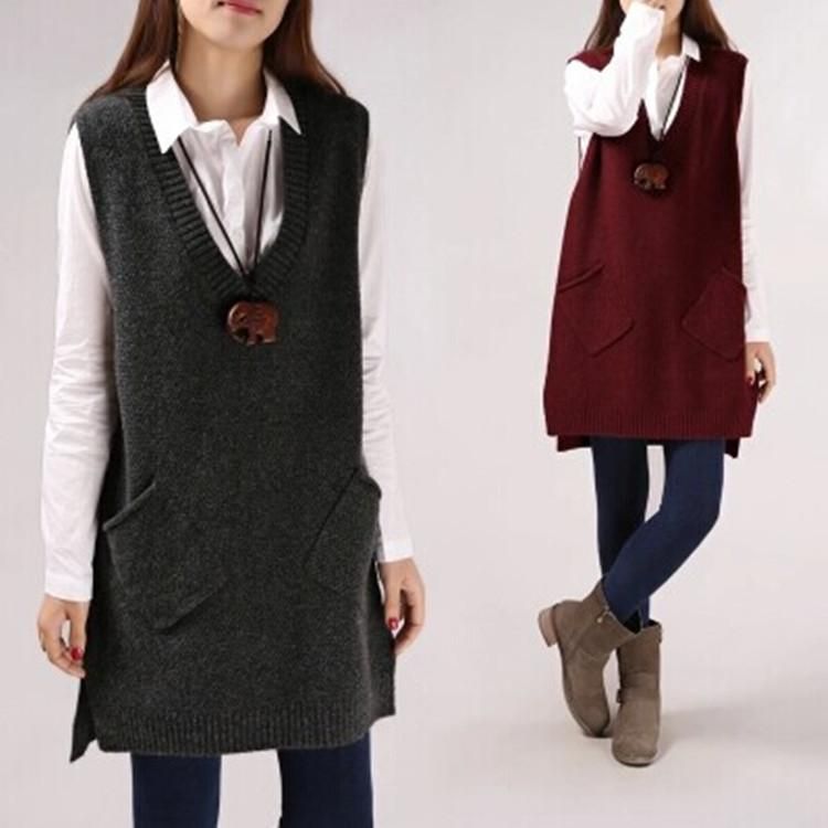 2019 Spring and Autumn New V-neck Tank Top Knitted Underlay Medium Long Korean Solid Loose